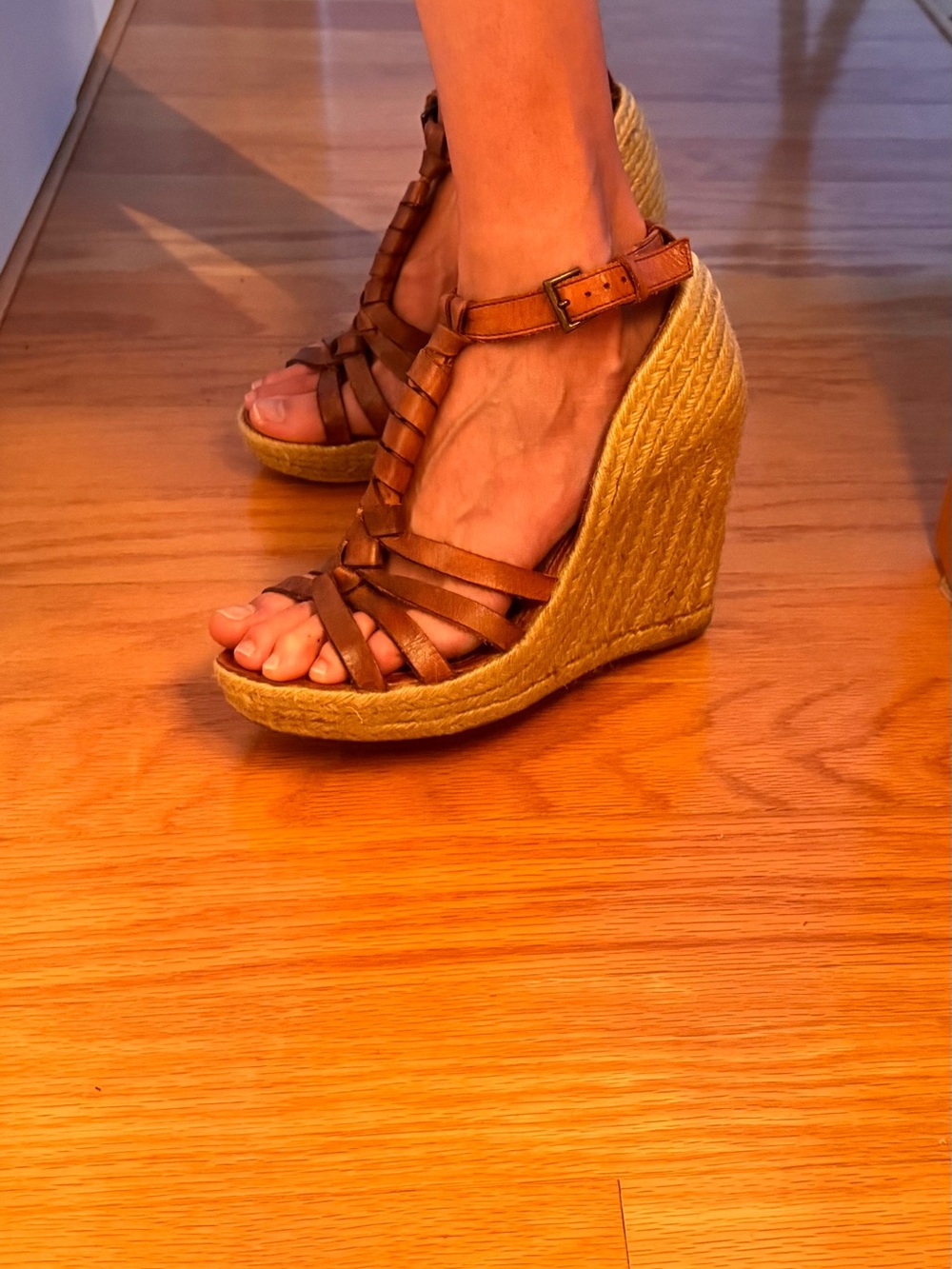 Sam Edelman - Brown Super Soft Leather T-Strap Espadrille Wedge Sandals